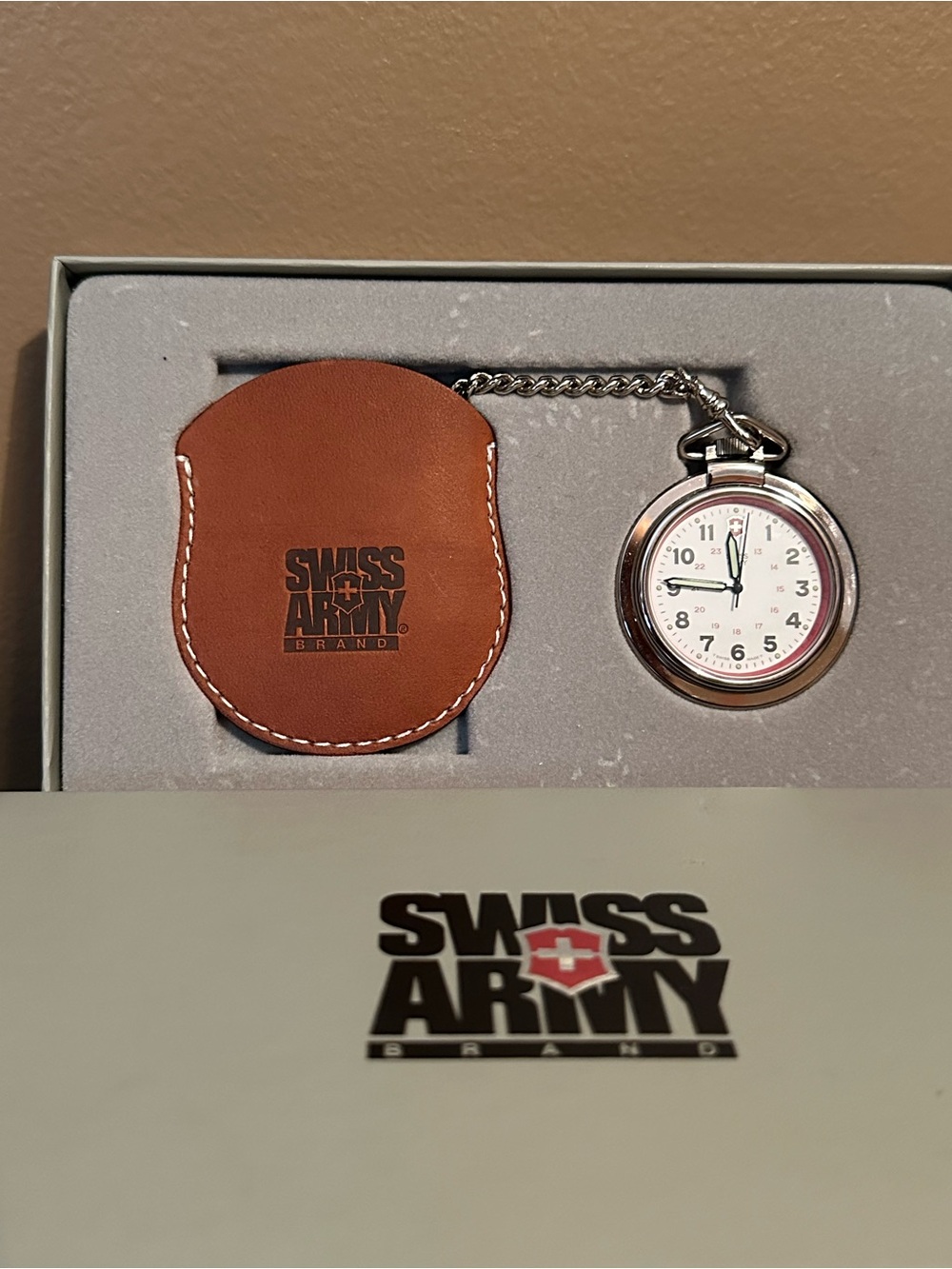 Swiss Army Pocket Watch With Brown Leather Pouch and Chain